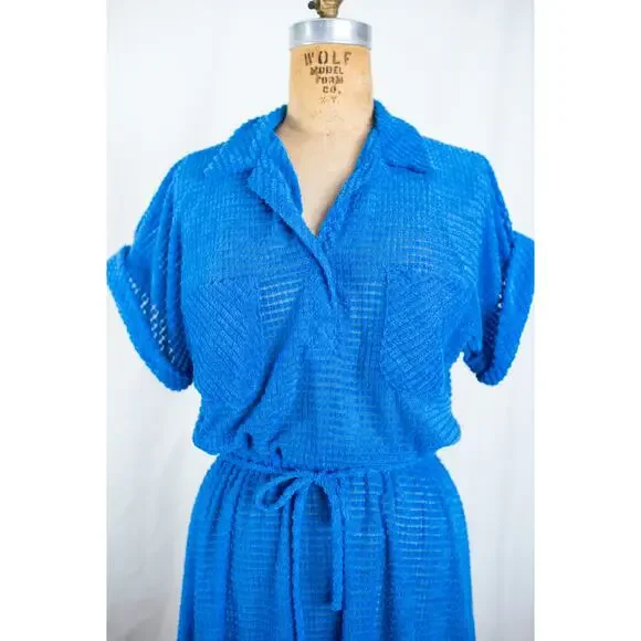 Vintage 70s Royal Blue Terry Cloth Textured Midi Dress, Indie Mod Retro, Small - Picture 3 of 10